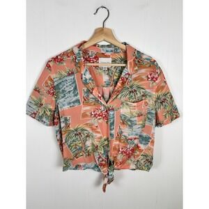 American Eagle Medium Peach Pink Tropical Knot Front Cropped Button Up Shirt